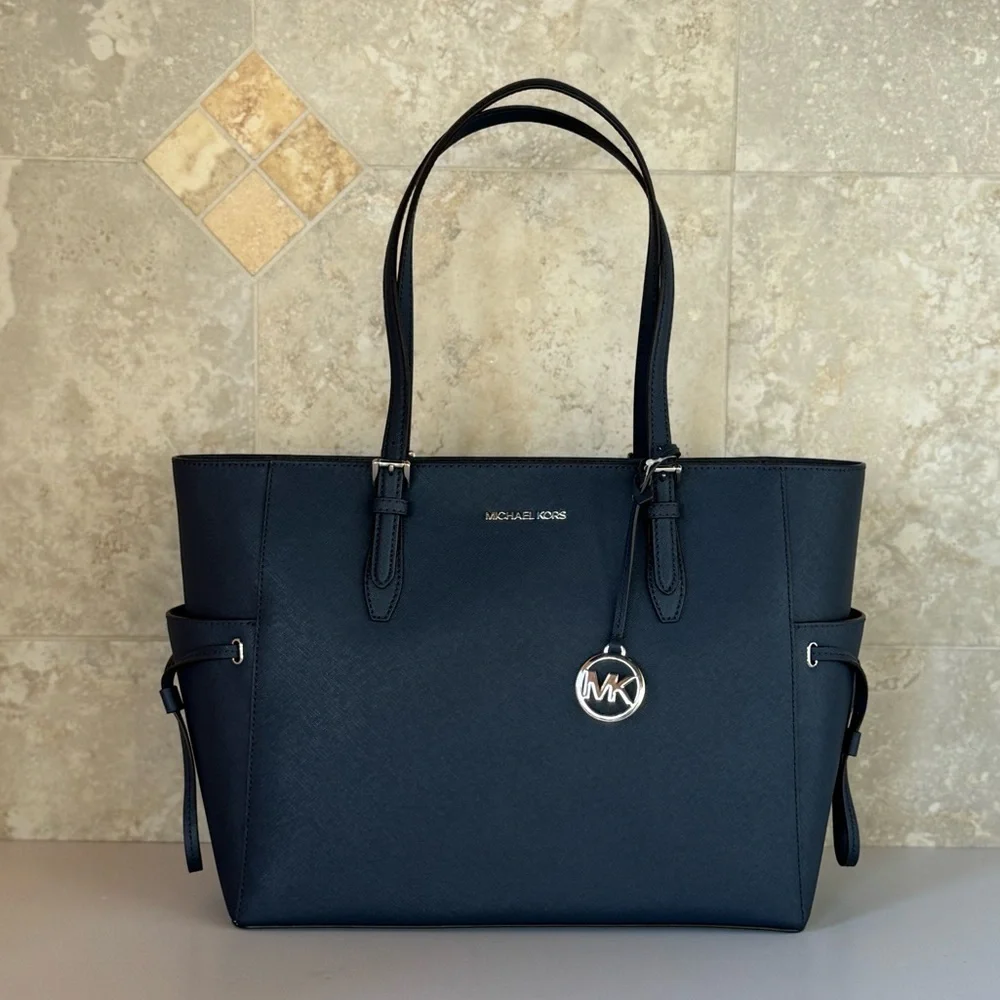 Michael Kors Gilly Large Drawstring Tote Shoulder Bag Dark Navy/Silver